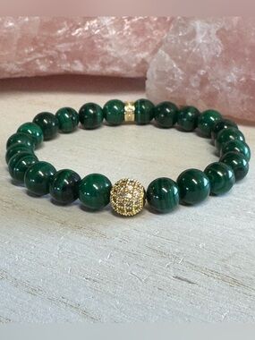 Green Malachite Beaded Gemstone Bracelet with Gold Pave Accents - 8mm beads